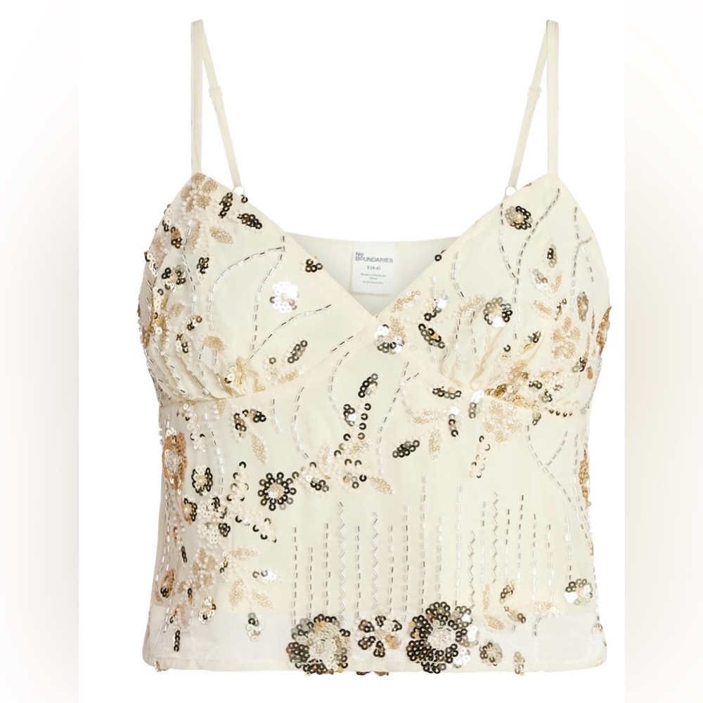No Boundaries Embellished Beaded Sequin Cami Tank Top Ivory XS NWT